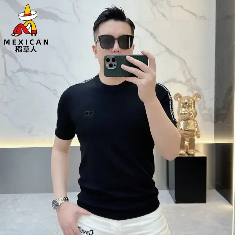 稻草人欧货轻奢高品质短袖恤男针织冰丝时尚休闲百搭半袖男款专卖