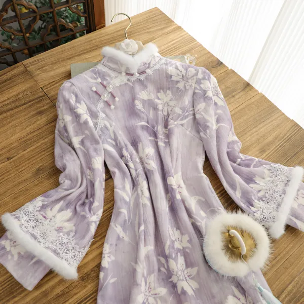 俏娘鱼紫色复古新中式保暖毛绒领旗袍女2025冬新款倒大袖上班可穿