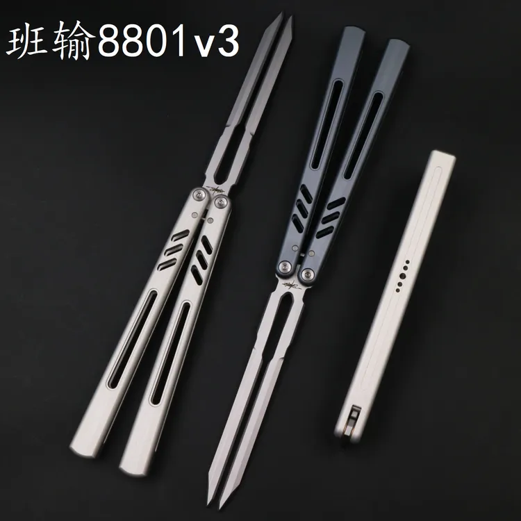 班输8801v3 七系铝柄 玻璃音 阶梯纹音叉刃 蝴蝶刀练习刀 未开刃