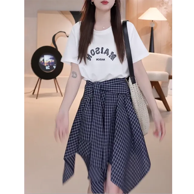 夏季韩系简约一整套字母印花白色上衣不规则绑带格纹半身裙两件套