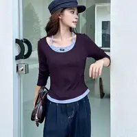 6139衣长52假两件撞色长袖t恤女设计感修身显瘦打底衫方领上衣