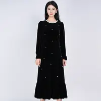 浒城古娘显瘦不褪色秋冬亮黑珠片连衣裙拼接丝绒长裙WH05007768