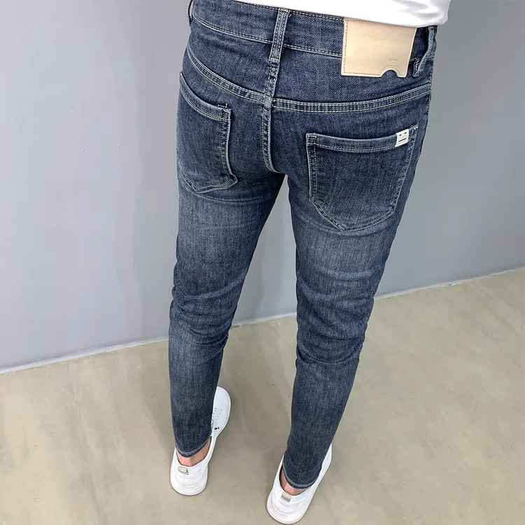 做旧韩版蓝色牛仔裤男简约百搭潮流新款九分修身小脚弹力显瘦长裤