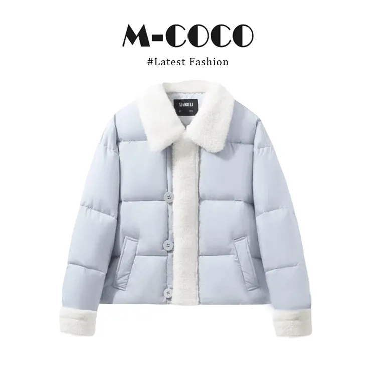 MARIE.COCO韩系奶蓝色拼接短款棉服女冬季加厚保暖棉衣外套上衣