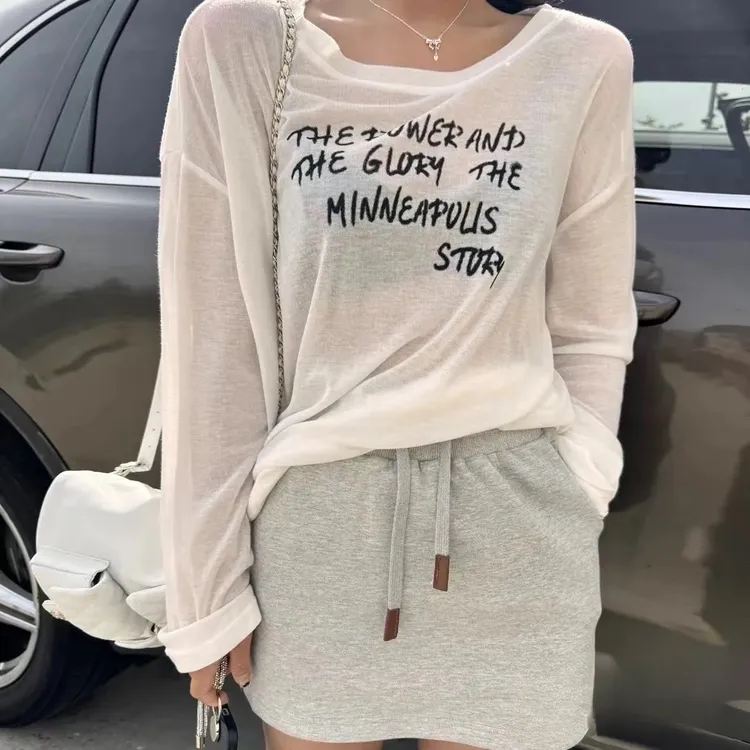 防晒ins韩版字母长袖宽松T恤慵懒风长款印花显瘦显白百搭宽松