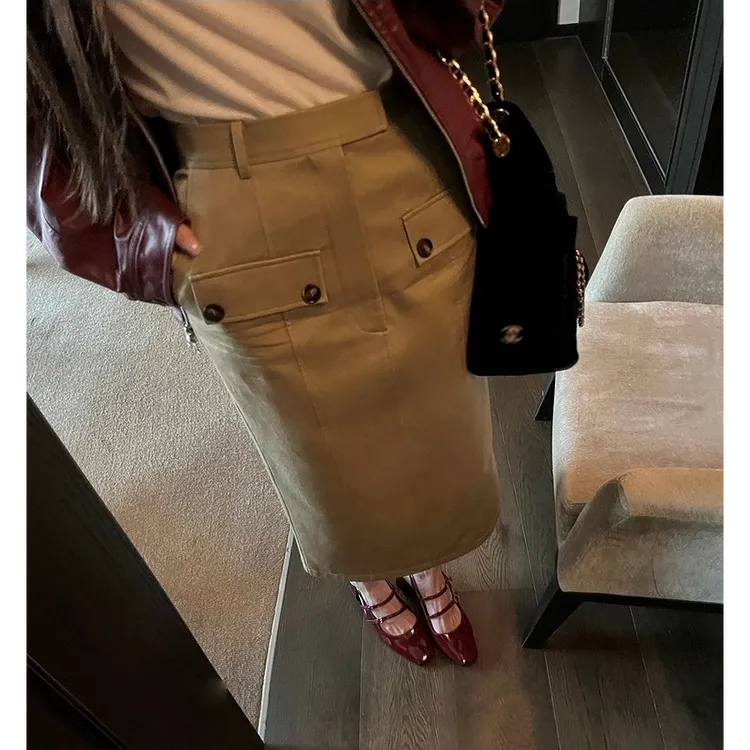 高级感工装半身裙加厚高腰直筒裙女秋休闲时尚百搭中长款开叉裙子