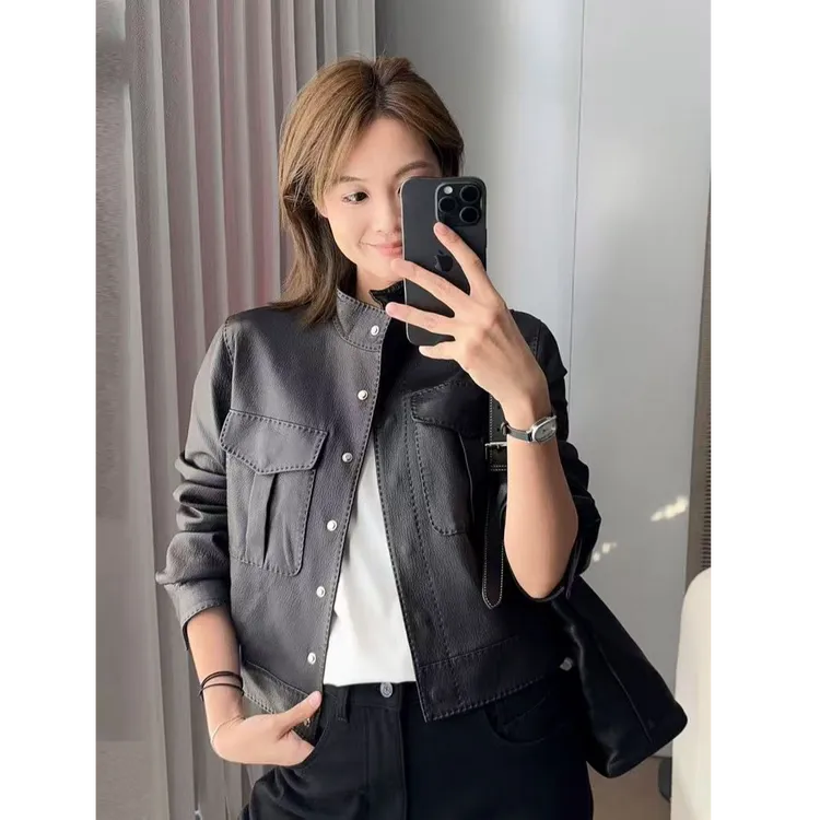 美洋MEIYANG 中古皮衣 摩登秋日！山羊仿鹿纹皮立领短夹克-周二