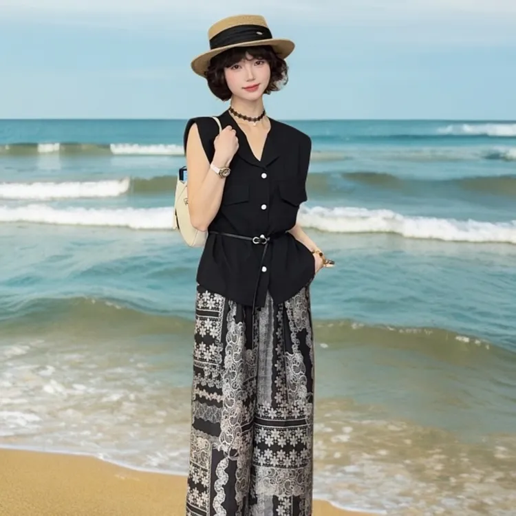 欧货复古印花抽绳松紧腰阔腿裤女2025夏季新款宽松气质冰丝直筒裤