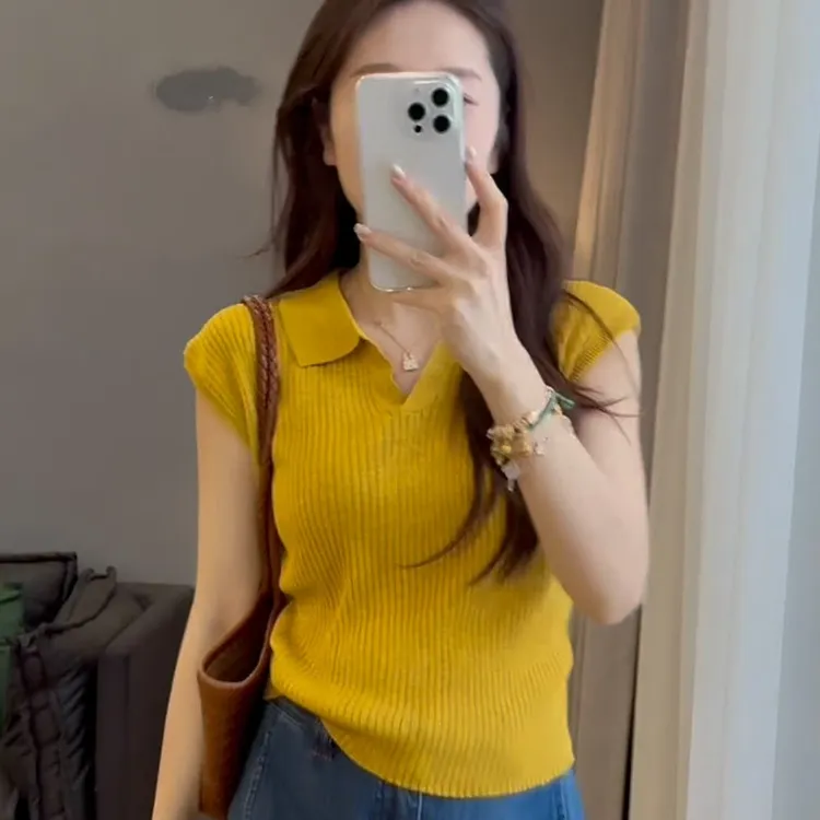 时尚宽松显瘦2025夏装新款V领通勤上衣韩系Polo网红毛衣女秋冬