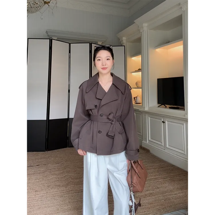 郭九九呢 100%棉气质显瘦短风衣外套简约百搭阔腿裤 G925T14407