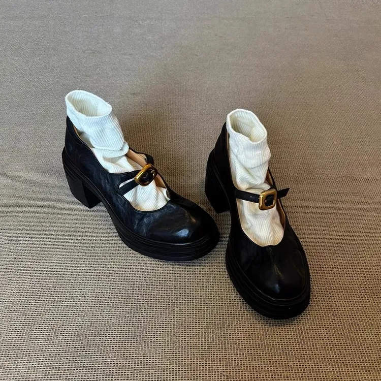 真皮英伦百搭厚底圆头小皮鞋女复古浅口一字带扣粗跟玛丽珍鞋