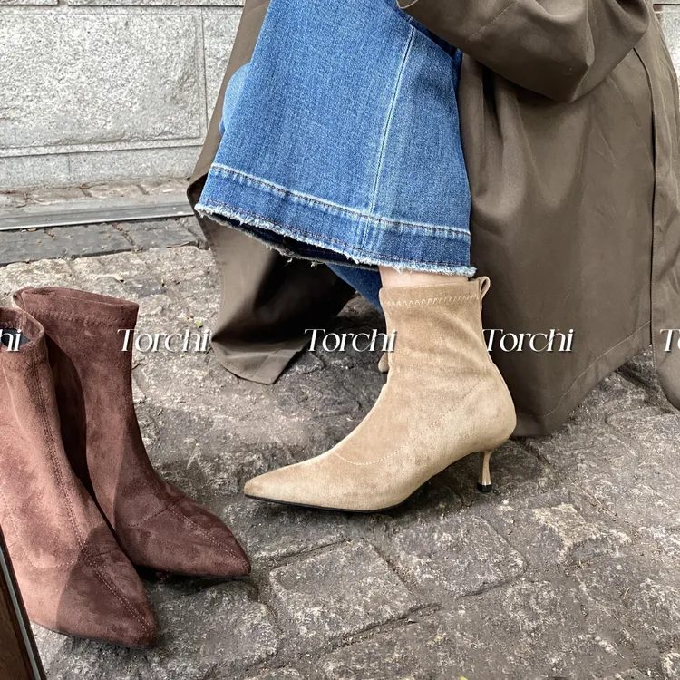 TORCHI/ 秋日氛围 /新款低跟裸靴绒面尖头细高跟短靴弹力瘦瘦靴女