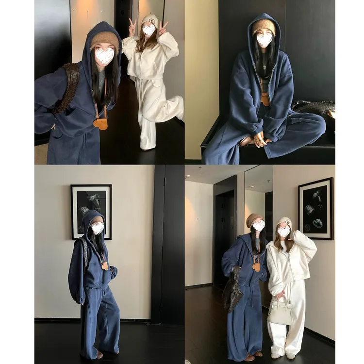 【6色入】秋冬490g双面奥粒绒连帽卫衣外套+加厚阔腿裤套装  C6008