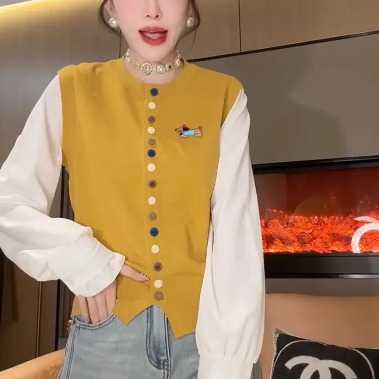 圆领针织衫女冬季新款拼接套头假两件高端减龄显瘦洋气毛衣潮