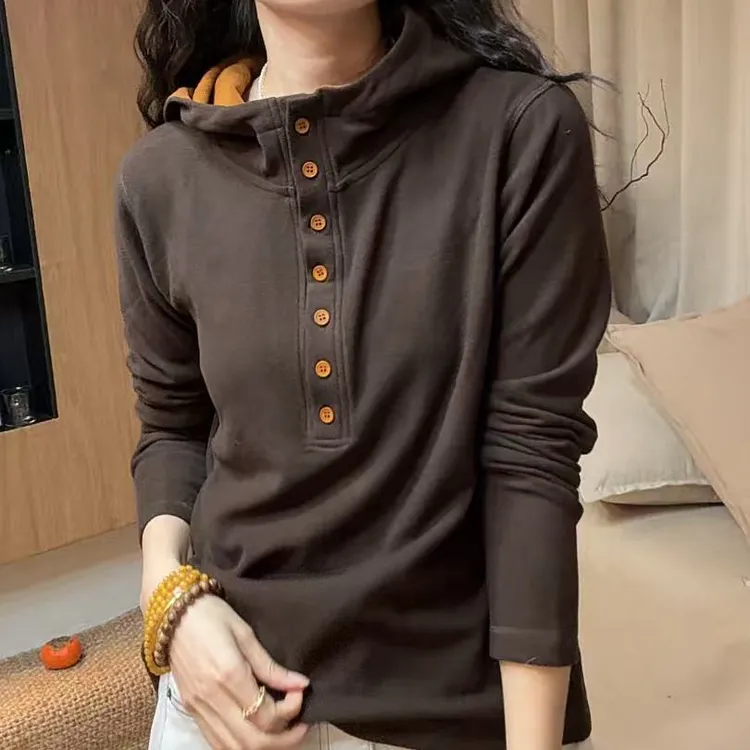 6857-休闲风T恤长袖连帽内搭欧美风打底衫时尚女春秋显瘦百搭