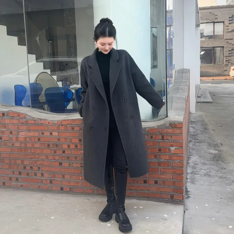 【绒间慢絮】100%初剪羊毛双面羊毛中长款大衣小个子经典四粒扣外套