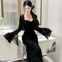 LHMknk1活动夫人原创自制新中式植绒烧花纯欲连衣裙 黑色人鱼