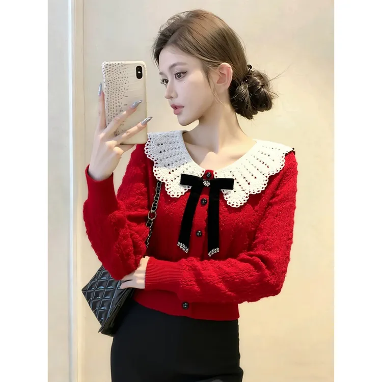 圣诞新年红色毛衣女2025新款冬独特漂亮气质高端撞色针织衫上衣