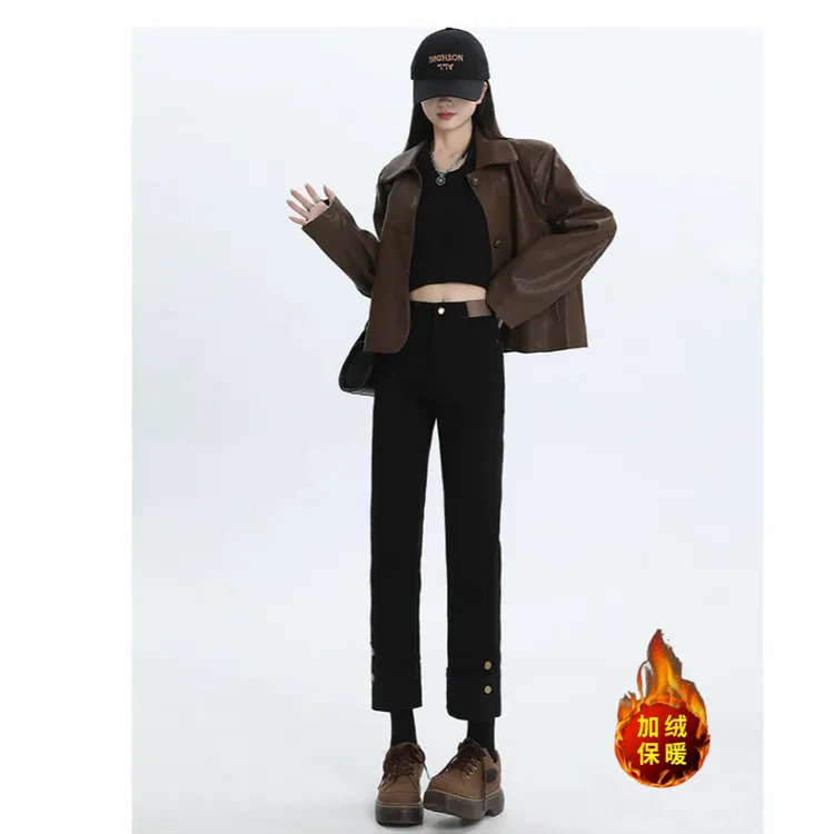 黑色窄版直筒加绒牛仔裤女2025冬季新款高腰小个子百搭显瘦烟管裤