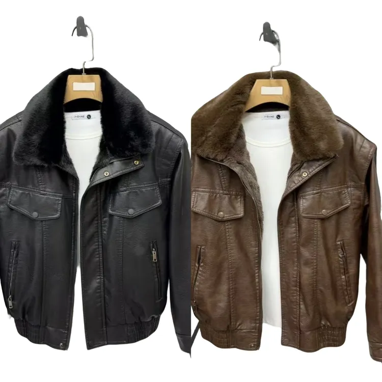 2025冬季新款男士休闲时尚百搭轻奢翻领加毛保暖皮衣夹克上衣外套