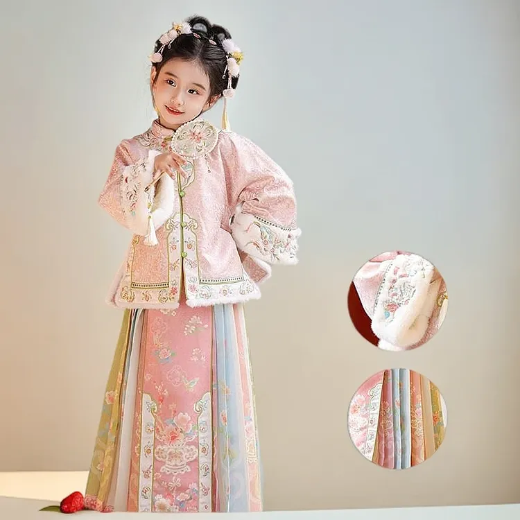 明制马面裙加厚古装拜年服汉服女童冬季新款格格服儿童新中式套装