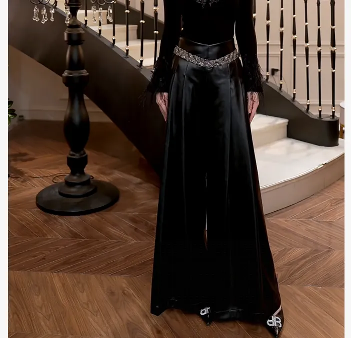 【FUNANI】 时尚原创气质显瘦修身高腰设计感阔腿裤皮裤  X2531568B