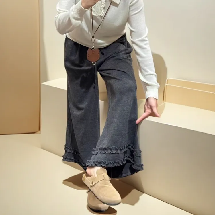 大码300斤韩系拼接双层木耳花边糯米裤女2025秋季新款慵懒长裤ins