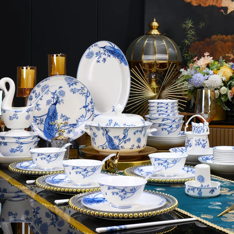 【雀羽生辉】景德镇86件餐具套装新中式轻奢陶瓷碗碟盘子乔迁碗筷