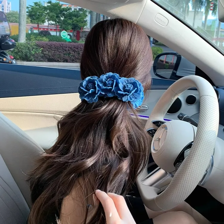 牛仔蓝色香蕉夹~高级感度假拍照花朵抓夹竖夹盘发鲨鱼夹头饰发饰