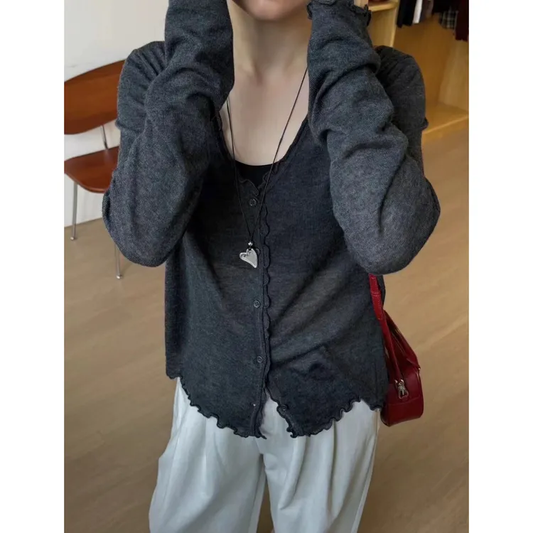 3268【V领木耳边开衫】秋季新品韩版薄款针织衫女士优雅上衣