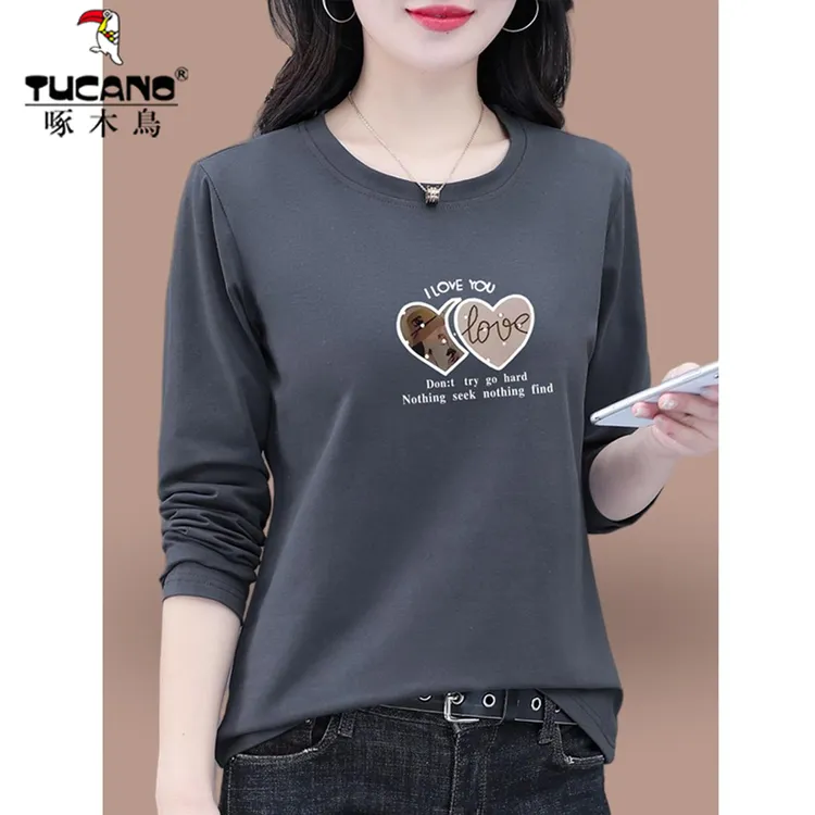 啄木鸟~纯棉长袖T恤女春秋2025年新款妈妈秋装女士宽松打底衫上衣