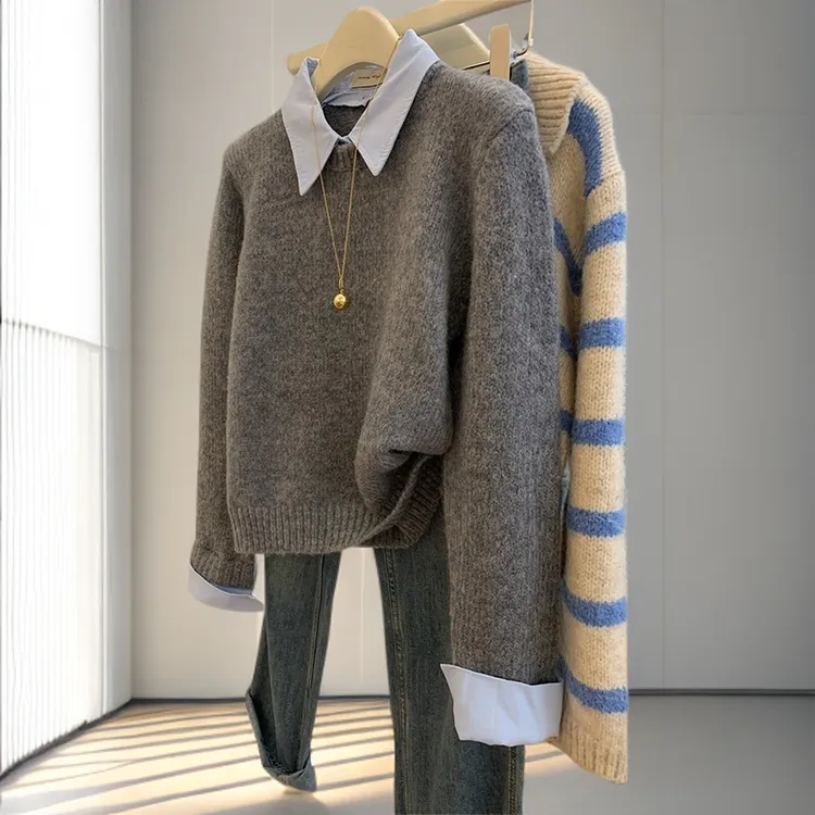 哥弟阿玛施正品毛衣女款2025秋冬新款灰色羊毛假两件针织上衣