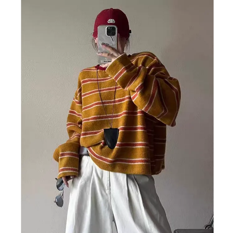 冬季韩系兔毛绒复古百搭显瘦长袖圆领T恤女潮流时尚条纹上衣7036