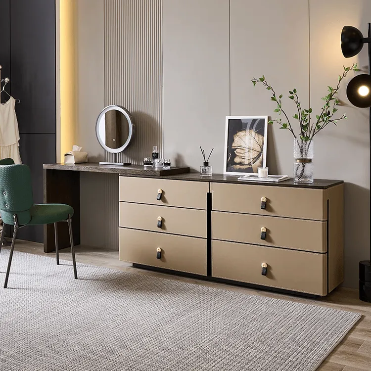 轻奢梳妆台实木马鞍皮意式极简化妆桌一体化妆柜卧室斗柜边柜家用