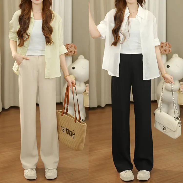 夏季休闲裤垂坠感高腰窄版直筒裤小个子百搭宽松薄款外穿