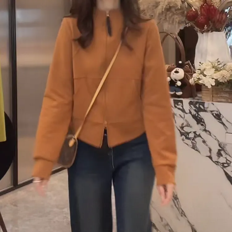 设计感短款拉链修身长袖卫衣女爆款2025新款秋季休闲纯色立领外套