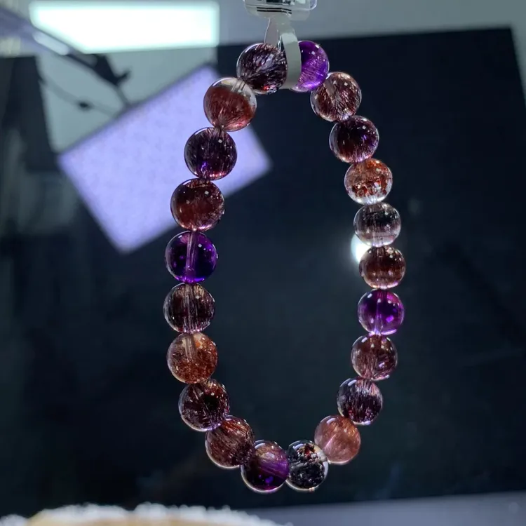 收藏级天然超七水晶黑加仑仙女金草莓紫发晶超级七手链多样性发一