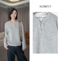 JIUNCCY【冰岛】定制夹花料拼接双领口手工钉珠长袖卫衣 52YWY001