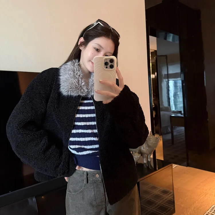 超大毛领仿羊羔毛皮草外套女短款皮毛一体毛毛上衣宽松环保皮草