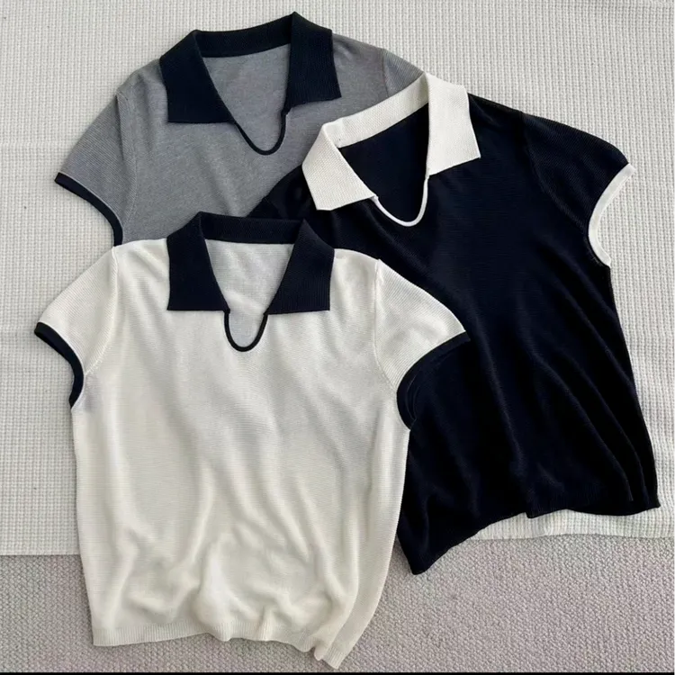 飞飞袖拼色翻领剪刀领针织短袖2025夏季新款时尚百搭宽松上衣修身