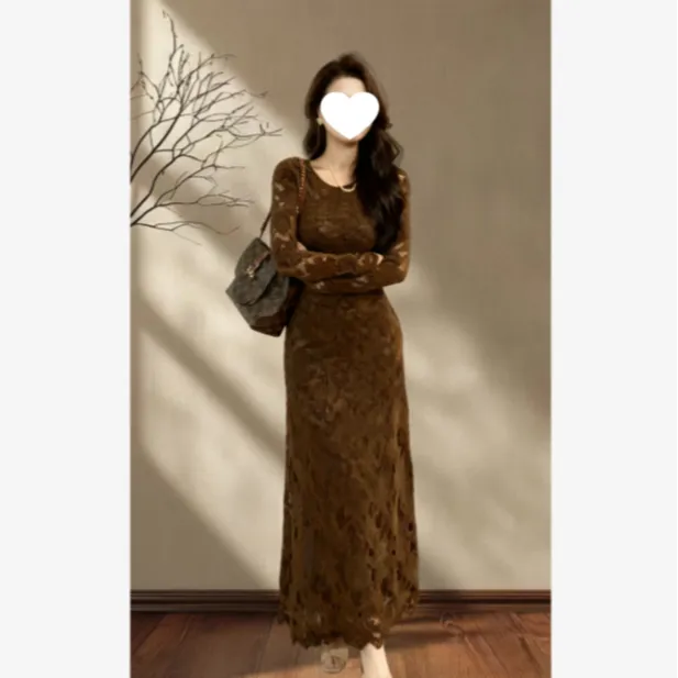 法式复古长裙秋冬新款修身显瘦设计感气质优雅时尚蕾丝连衣裙女