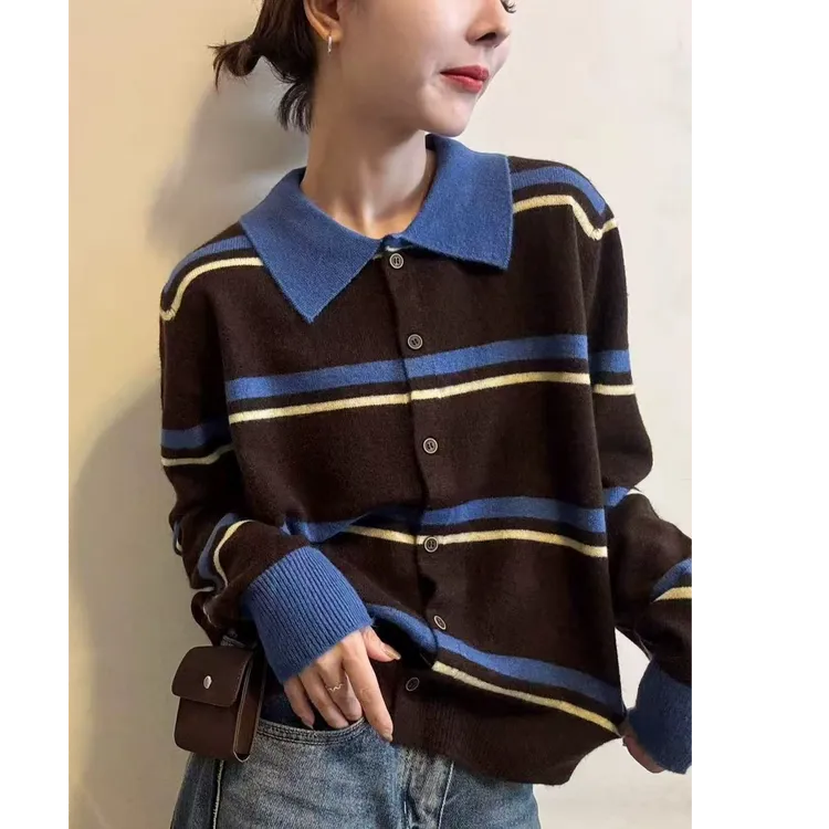 毛衣女针织衫撞色宽松显瘦方领百搭气质开衫上衣女1475