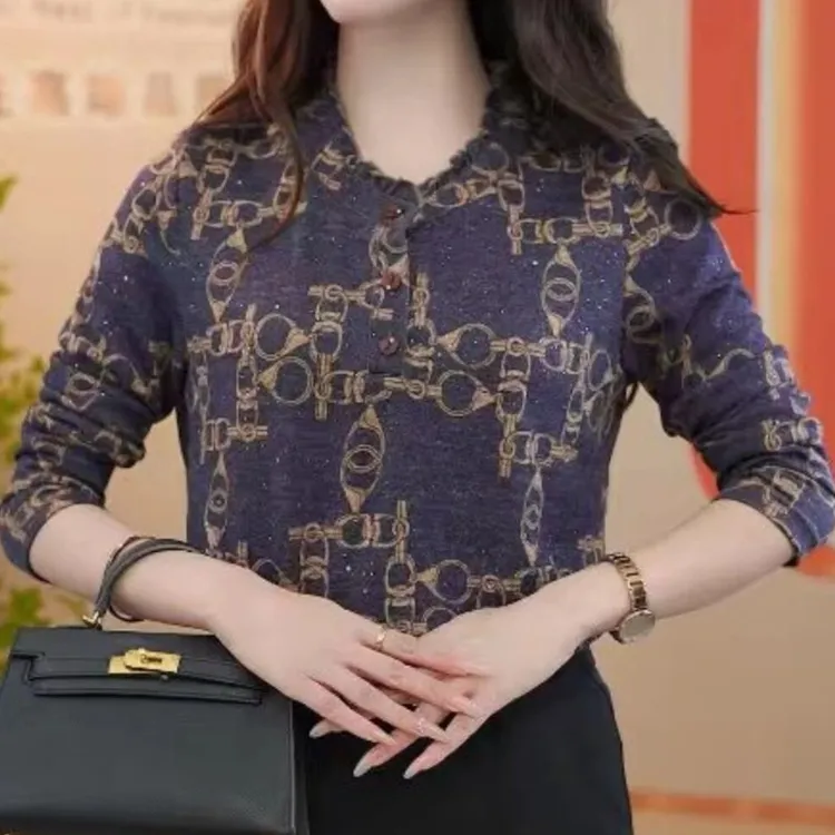 【洒银】早秋外穿薄款弹力印花针织衬衫长袖妈妈装大码时尚打底上衣