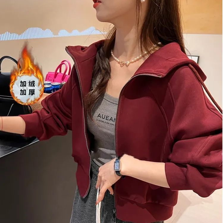 酒红色连帽卫衣2025爆款韩系慵懒风外套女款爆款2025秋季外套