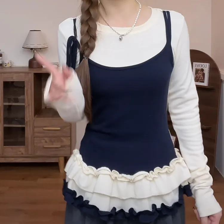 假两件T恤女2025新款早春长袖浅紫色拼接减龄外穿设计感时尚上衣