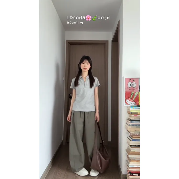时尚套装女士夏季POLO领正肩显瘦百搭小众短袖上衣复古宽松休闲裤