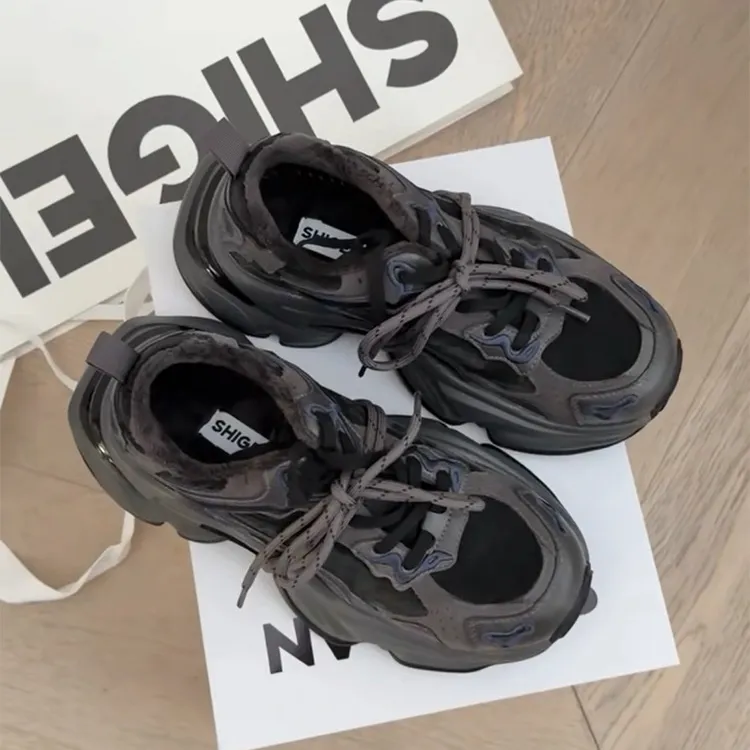 诗歌兰真皮厚底增高老爹鞋女冬季2025新款百搭轻便保暖运动休闲鞋