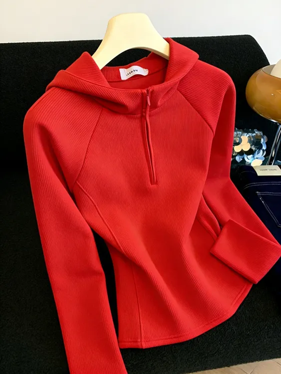 高级感红色加厚半拉链连帽衫秋冬内搭女打底衫可外穿洋气百搭上衣