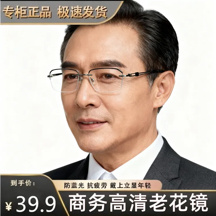 超轻中老年男士高端商务老花镜气质防蓝光超高清无框切边老花眼镜