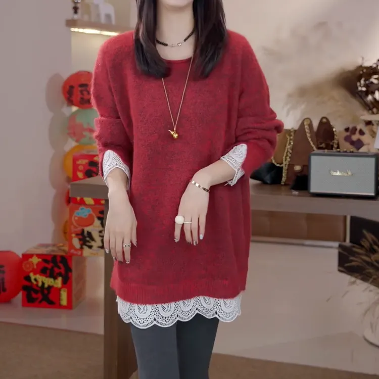 秋冬新款气质针织宽松拼接上衣高级感小众毛衣针织衫女LK2508916